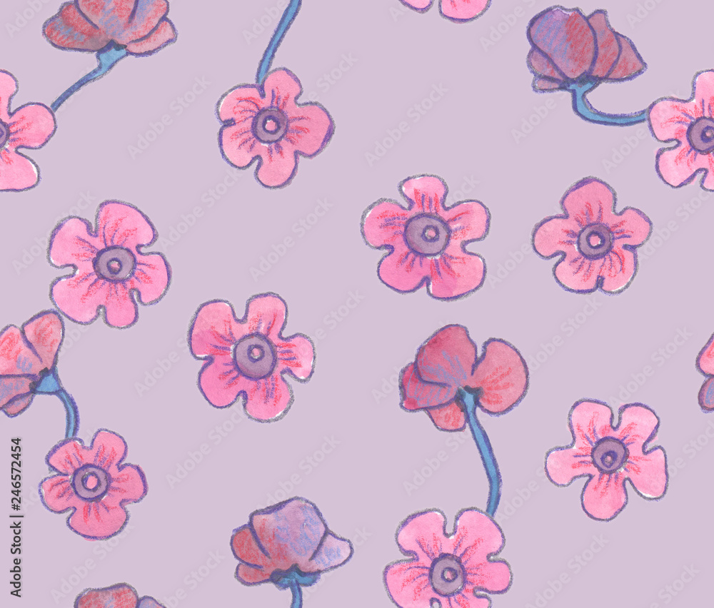 Seamless pattern with pink flowers on light purple backdrop painted in watercolor