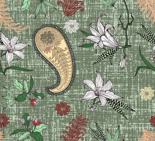 Flower vintagen with paisley seamless pattern background photo