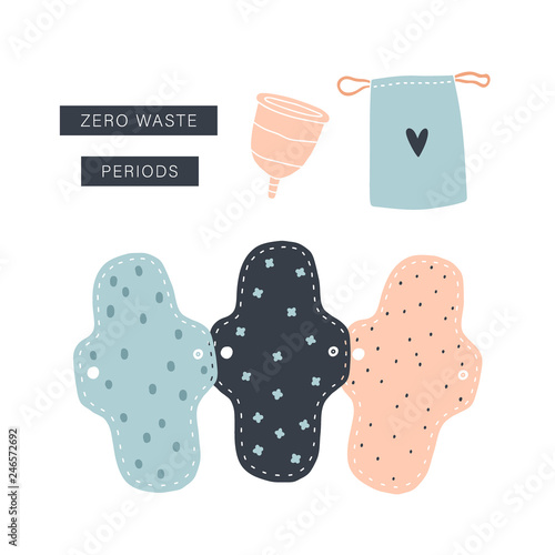Zero waste reusable pads and menstrual cup. Vector illustration