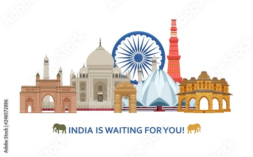 Travel in India concept. Indian most famous sights set. Architectural buildings. Famous tourist attractions