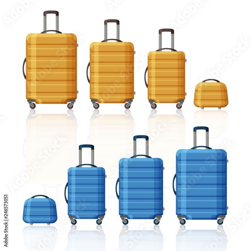 Luggage collection. Three sizes of suitcases and beauty case. Yellow and blue striped plastic baggage.