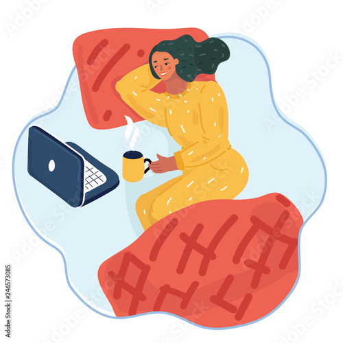 Girl at night stay in bed with a computer.