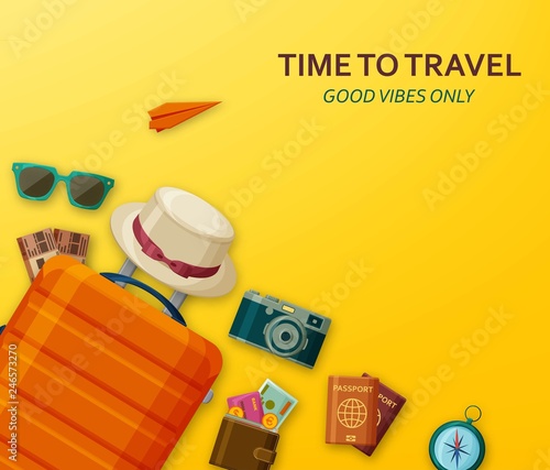 Travel concept with suitcase, sunglasses, hat, camera and tickets on yellow background. Flying paper plane at the back. Good vibes only