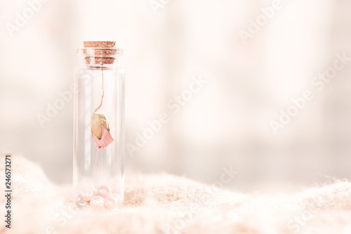 Dried rose flower head in bottle.Very shallow depth of field.Concept background for Valentine's day.