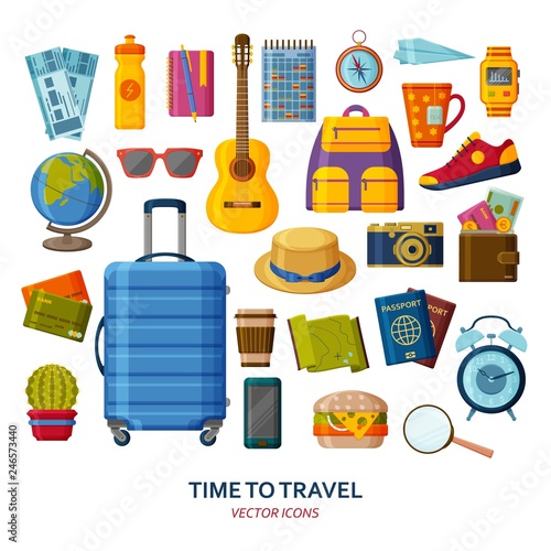 Travel icons with suitcase and sunglasses and guitar. Tourism items set