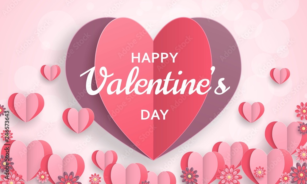 Happy Valentine Day background. Good design template for banner, greeting card, flyer. Paper art flowers and hearts