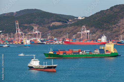 Industrial cargo ships are in Busan bay