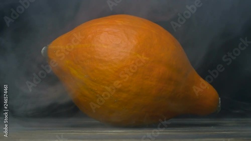 gourd or squash is on the table in cold, steam from frost, slow motion, cloese up photo