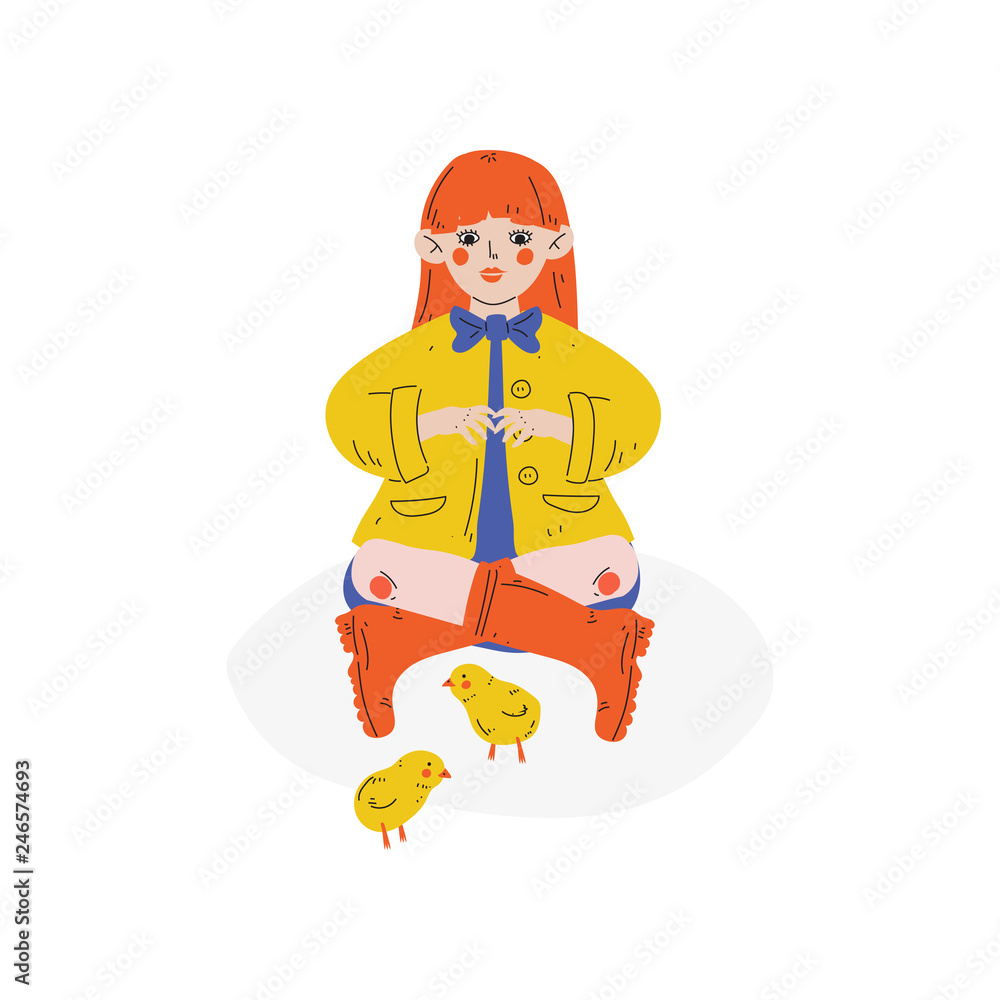 Beautiful Girl Sitting on the Floor with Two Chickens, Kids Spring or Summer Outdoor Activity Vector Illustration