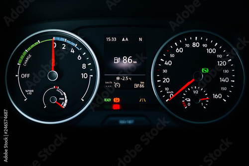 Electric car dashboard with lighting and engine starting 