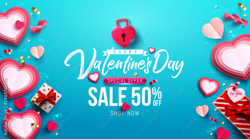 Valentine's Day Sale Poster or banner with sweet gift,sweet heart and lovely items on blue background.Promotion and shopping template or background for Love and Valentine's day concept.Vector EPS10