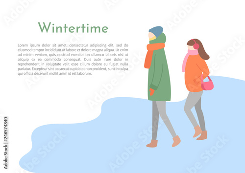 Couple of man and woman going outdoor in jacket with hood and scarf, hat and earmuffs and mittens. Walking girl and boy in wintertime, side view vector