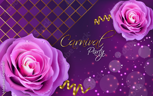 Purple roses Vector realistic. Violet background with glitter lights decors