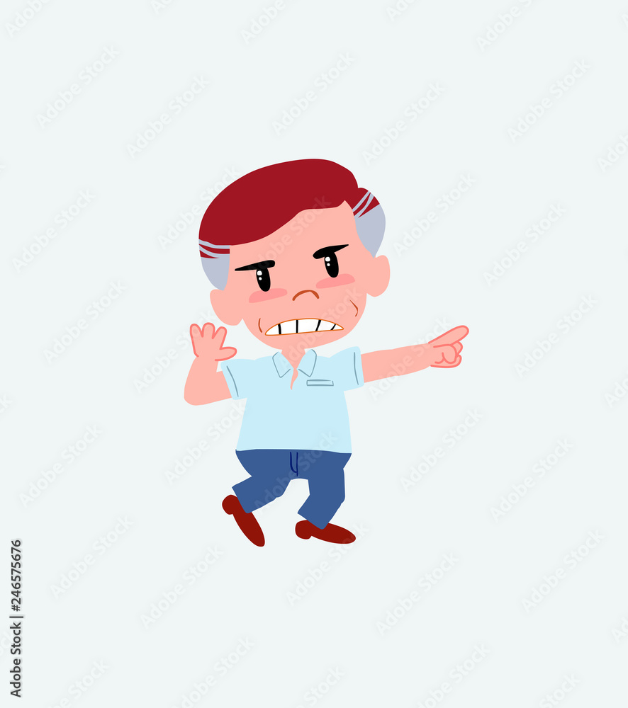 Businessman in casual style points angrily to his left. Businessman in casual style points angrily to his left.