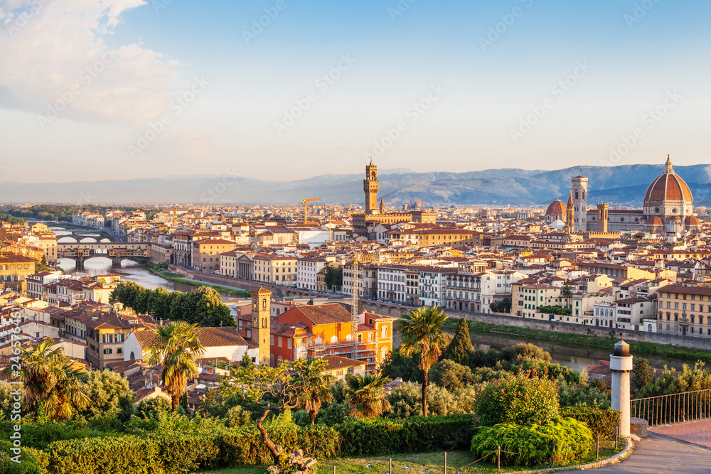 Florence Italy. Skyline cityscape of Firenze with Florence Duomo, Basilica di Santa Maria del Fiore and bridge Ponte Vecchio over the river Arno.