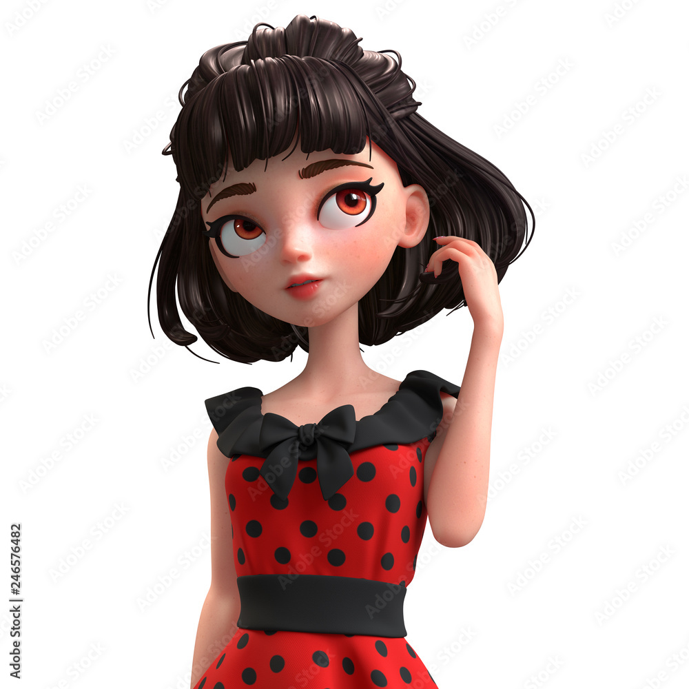 3d cartoon character of a brunette girl with big brown eyes. Beautiful cute  cartoon fashion valentines