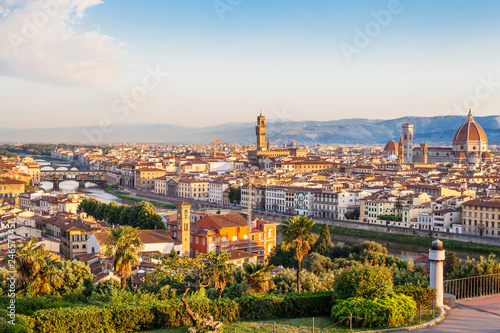 Florence Italy. Skyline cityscape of Firenze with Florence Duomo, Basilica di Santa Maria del Fiore and bridge Ponte Vecchio over the river Arno.