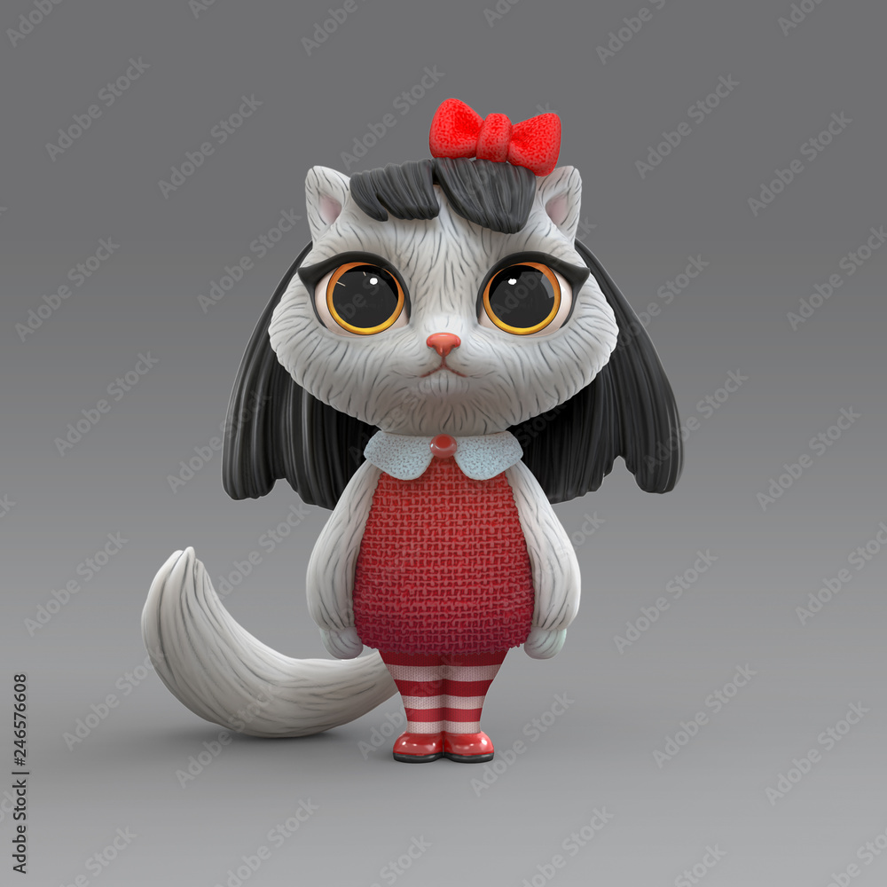 3d cartoon character of a little cute girl kitty in red dress and in  striped stockings.
