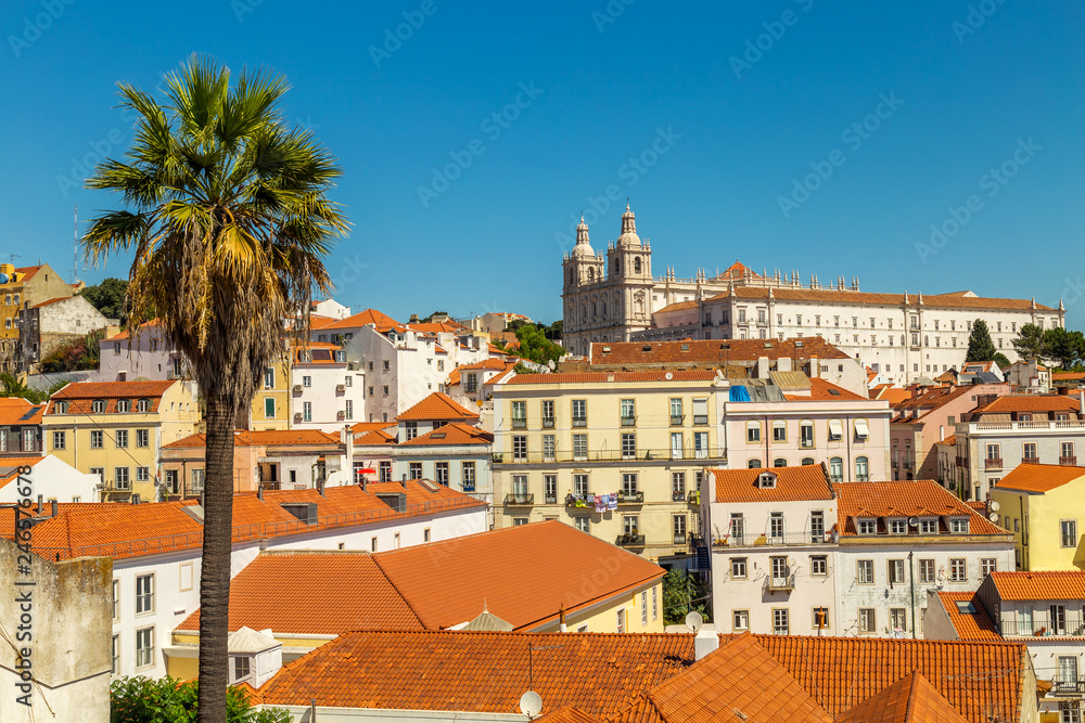 Lisbon city view with Church of Saint Vicente of Fora and Panteon, Alfama, Portugal.