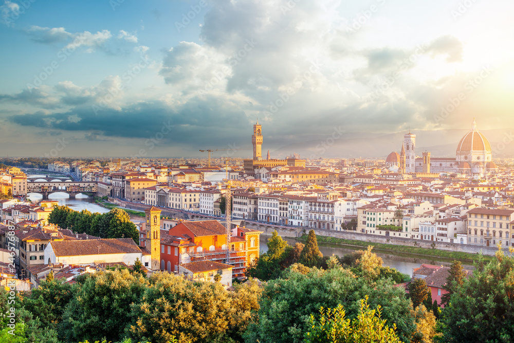 Firenze panorama. View of Florence Italy with Florence Duomo, Basilica di Santa Maria del Fiore and the bridges over the river Arno.