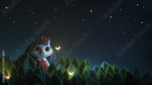 Children's cartoon illustration of a lawn with the starry sky. Stylized grass in the form of large leaves. Kitty in red dress looks at the firefly. Abstract summer green magic background. 3D rendering © roman3d