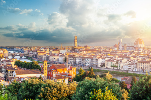 Firenze panorama. View of Florence Italy with Florence Duomo, Basilica di Santa Maria del Fiore and the bridges over the river Arno.