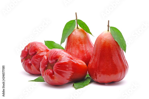 Rose apple or Bell fruit with green leaves isolated on white background.