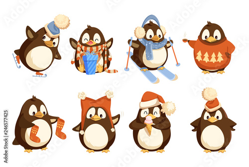 Penguin in winter wearing warm clothes vector north birds. Animal with wings in knitted sweater with pine tree having fun, skiing hobby active, stockings and skate