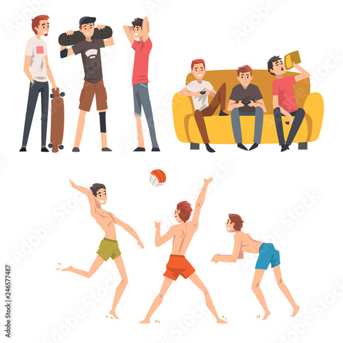Friends Spending Good Time Together Set, Guys Talking, Playing Ball and Computer Games, Male Friendship Vector Illustration