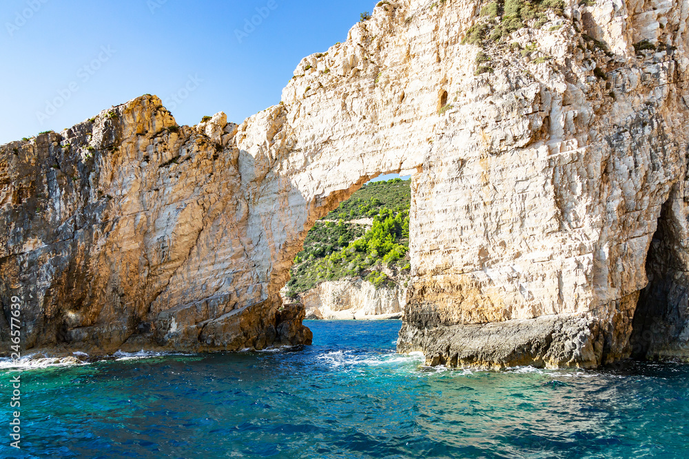 A rock carved by erosion along the coast of Zakynthos, Greece