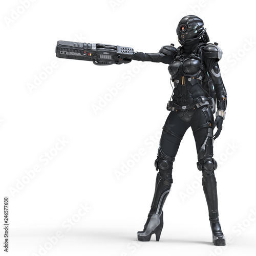 Science fiction cyborg female standing and shooting with gun. Cyborg girl with big gun in one hand. Young Girl in a futuristic black armor suit with a helmet. Shooter. 3D rendering on white background