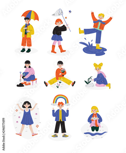 Kids Spring or Summer Outdoor Activities set, Happy hildhood Vector Illustration