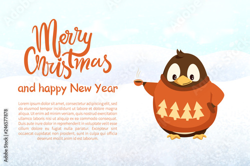 Christmas and New Year, penguin with coffee cup in knitted sweater. Arctic bird in winter clothes and hot beverage vector. Dressed animal, greeting banner