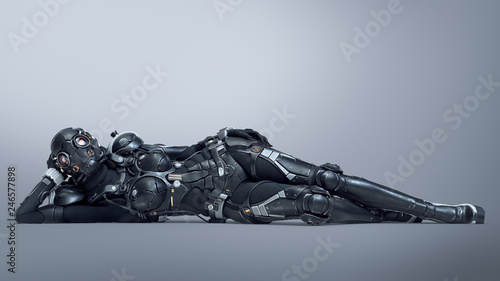 Canvas Print Science fiction cyborg female lying in a seductive and attractive pose