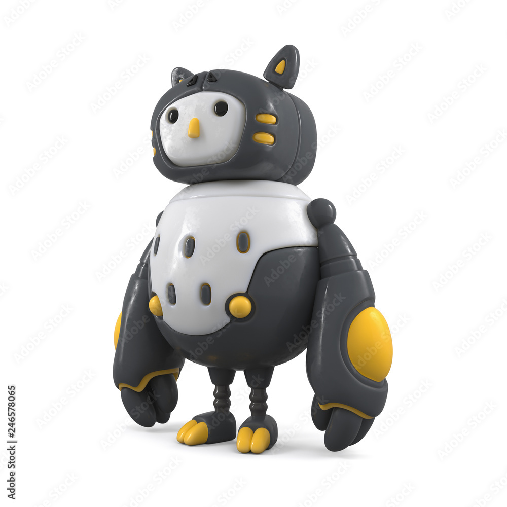 3d cartoon character of robot owl with yellow claws standing on white  background. Super hero robot