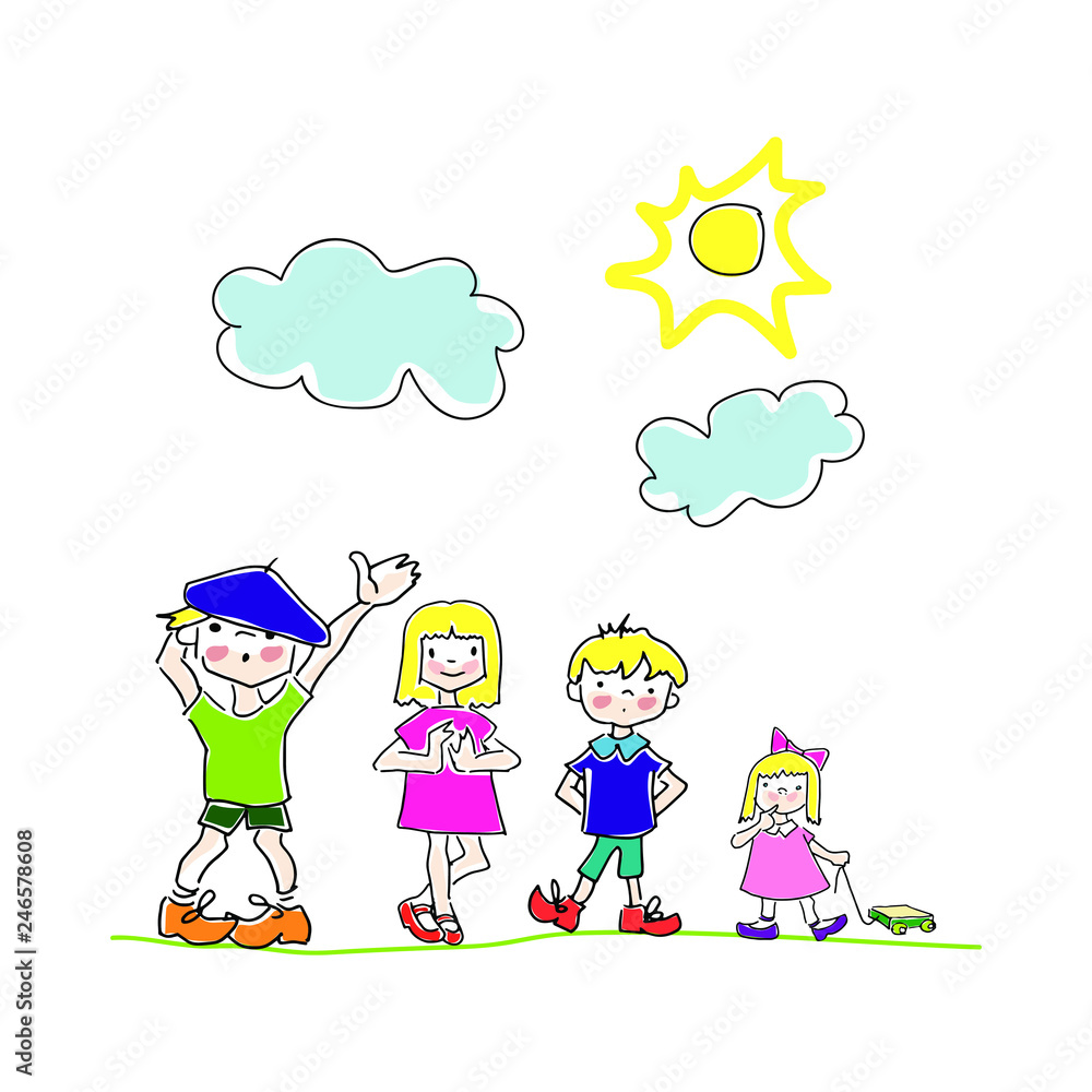 simple children's drawing, friendship, friends on a walk, bright vector sketch simple children's drawing, friendship, friends on a walk, bright vector sketch