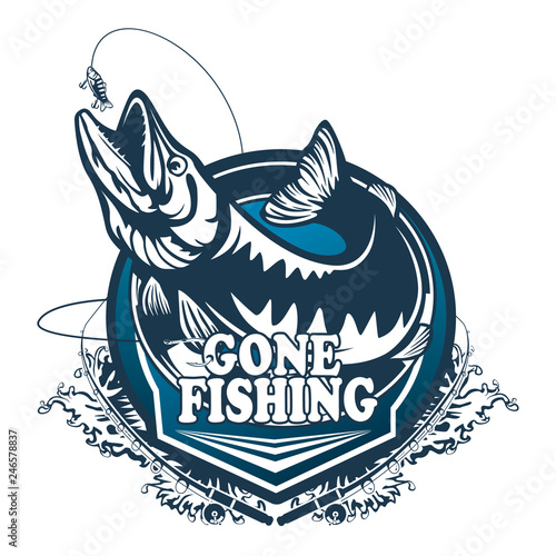 Pike fishing emblem. Pike fish logo vector. Outdoor fishing background theme. Angry fish logo.