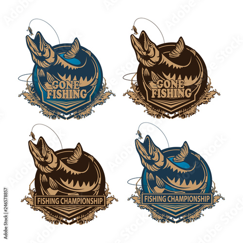 Pike fishing emblem. Pike fish logo vector. Outdoor fishing background theme. Angry fish logo.
