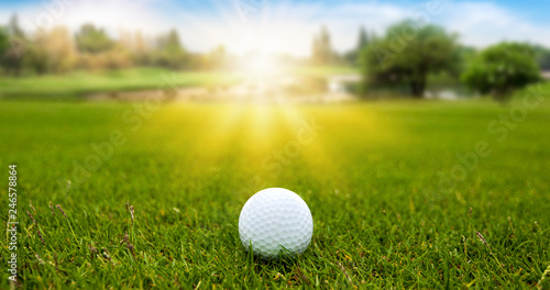 Golf ball on green grass on blurred beautiful landscape of golf course with sunrise,sunset time on background. 