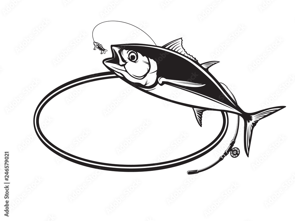 Fototapeta premium Tuna big fishing logo illustration. Tuna fish fishing vector emblem. Blue fin fish marine theme. Angry fish.