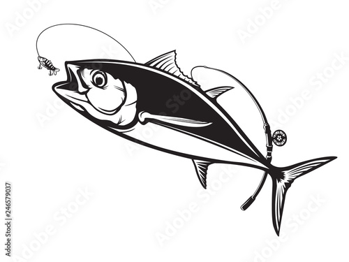 Tuna big fishing logo illustration. Tuna fish fishing vector emblem. Blue fin fish marine theme. Angry fish.