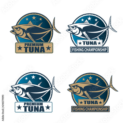 Tuna big fishing logo illustration. Tuna fish fishing vector emblem. Blue fin fish marine theme. Angry fish.