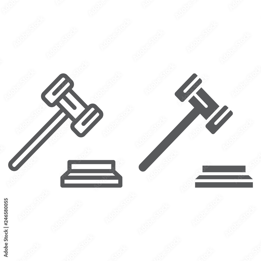 Gavel line and glyph icon, justice and judge, hammer sign, vector graphics, a linear pattern on a white background. Gavel line and glyph icon, justice and judge, hammer sign, vector graphics, a linear pattern on a white background.