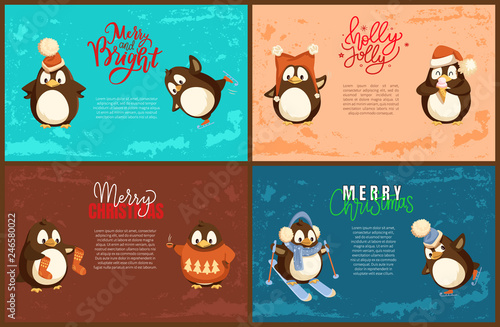 Merry Christmas penguin with scarf skiing character vector. Poster with animal wearing warm clothes. Celebration of winter holiday xmas preparation