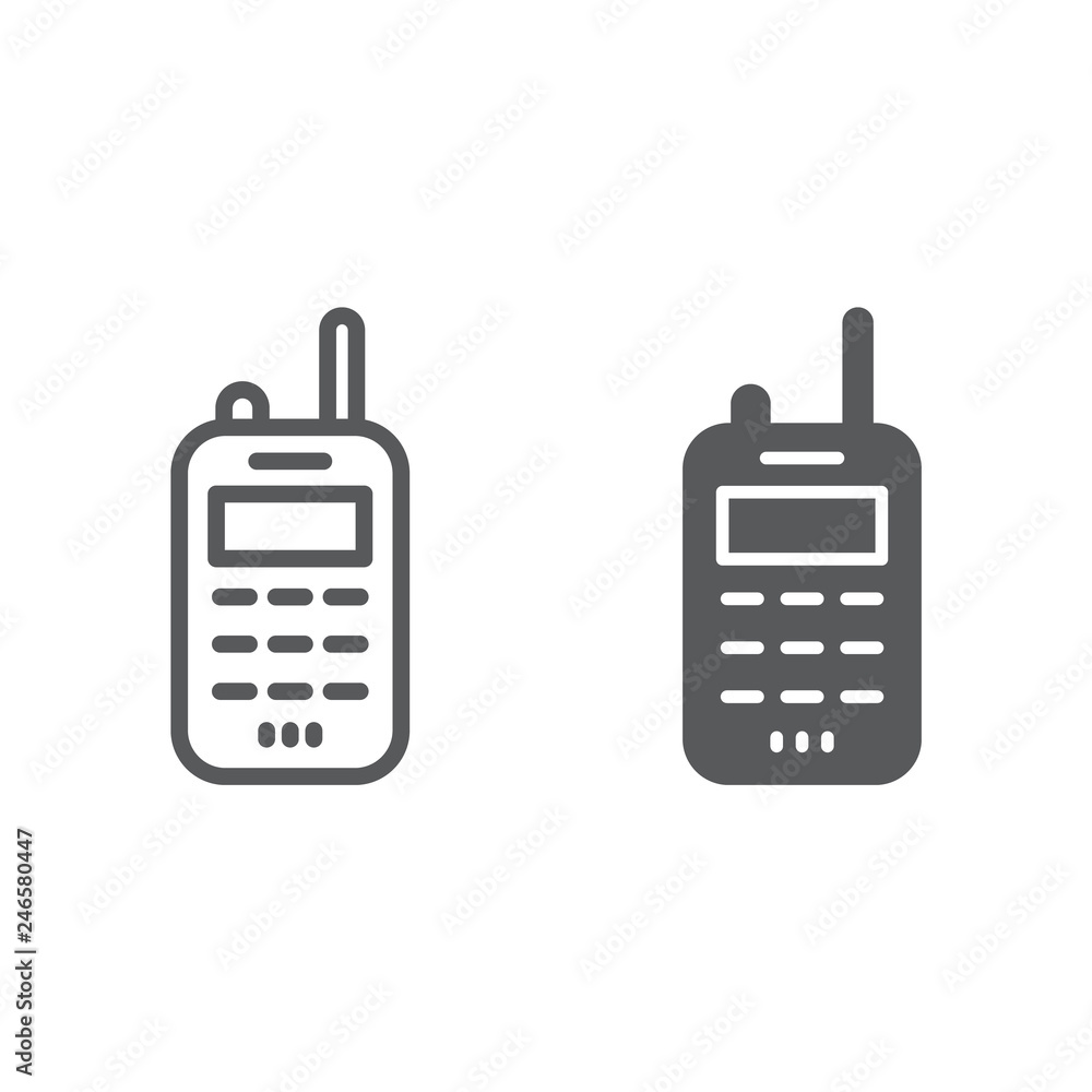 Walkie talkie line and glyph icon, transmitter and communication, radio set sign, vector graphics, a linear pattern on a white background. Walkie talkie line and glyph icon, transmitter and communication, radio set sign, vector graphics, a linear pattern on a white background.