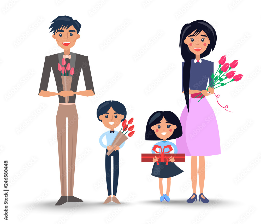 Father in suit, son in bowtie and mother in skirt with bouquets of tulips and daughter with big gift box in bow vector illustration. Father in suit, son in bowtie and mother in skirt with bouquets of tulips and daughter with big gift box in bow vector illustration.