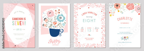 Birthday floral card set. Vector illustration.