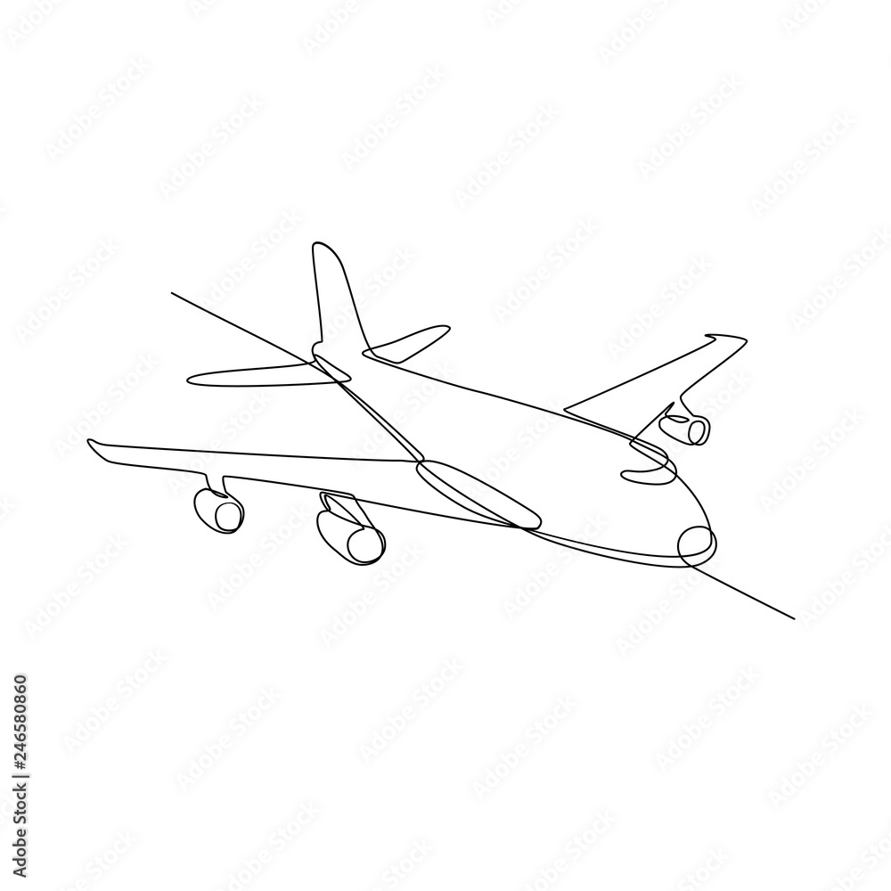 Continuous line illustration of jumbo jet passenger plane airliner or airplane flying in full flight in mid-air done in black and white monoline style. Continuous line illustration of jumbo jet passenger plane airliner or airplane flying in full flight in mid-air done in black and white monoline style.