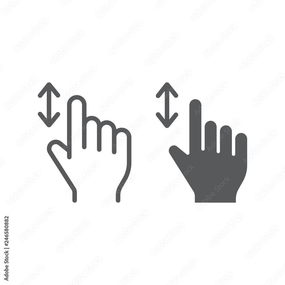 Vertical scroll line and glyph icon, finger and gesture, hand sign, vector graphics, a linear pattern on a white background. Vertical scroll line and glyph icon, finger and gesture, hand sign, vector graphics, a linear pattern on a white background.