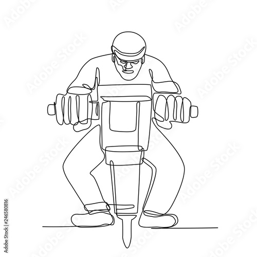 Continuous line illustration of construction worker with jackhammer, a portable  pneumatic or electro-mechanical tool that is a hammer and drill done in black and white monoline style.